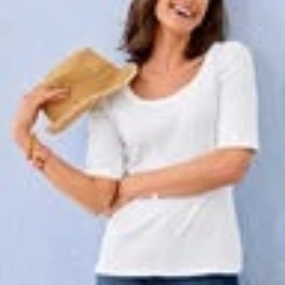NWT - TALBOTS - White Scoop Neck Curved Hem Tee - Pima Solid